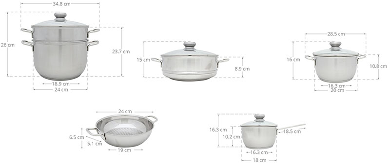 Kích thước của Bộ 5 nồi xửng chảo inox Fivestar FSB5002