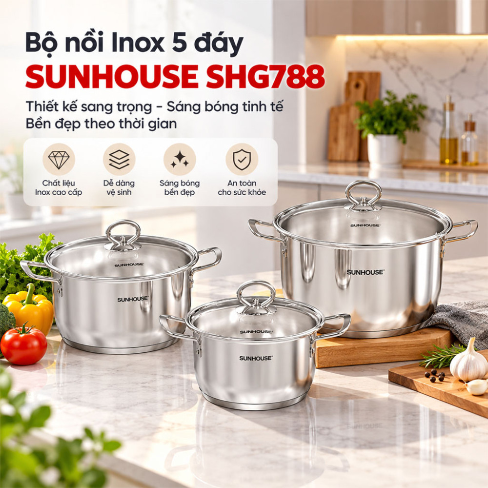 Bộ nồi Inox 5 đáy Sunhouse SHG788 - Hàng chính hãng
