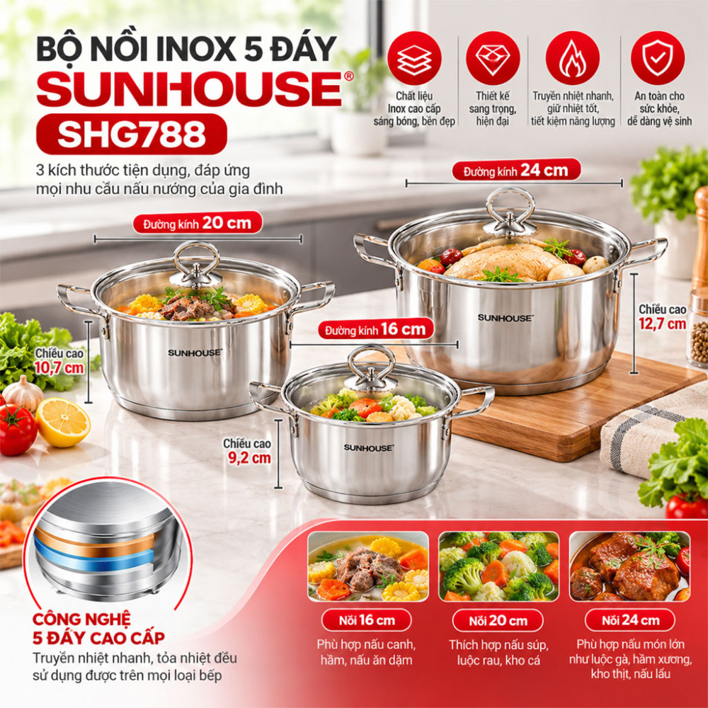 Bộ nồi Inox 5 đáy Sunhouse SHG788 - Hàng chính hãng