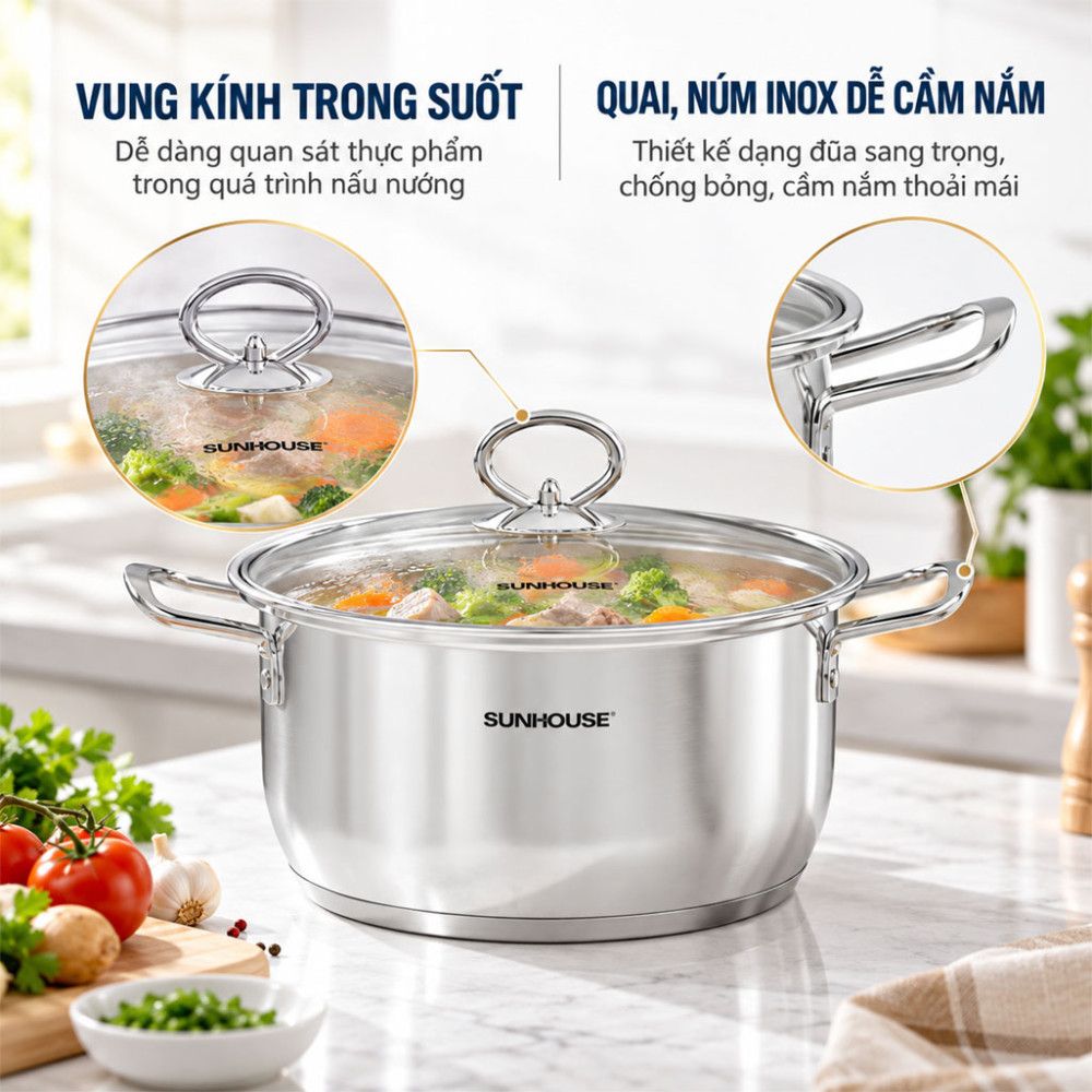Bộ nồi Inox 5 đáy Sunhouse SHG788 - Hàng chính hãng