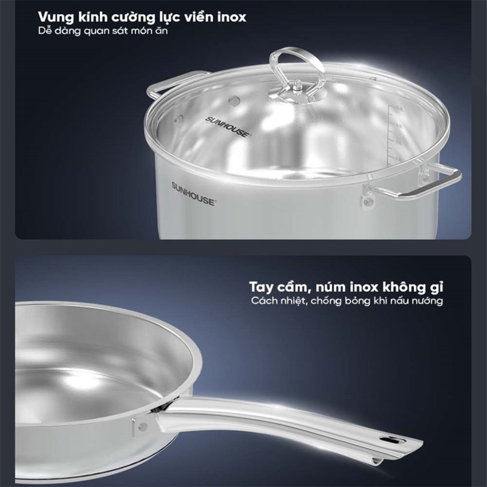 Bộ nồi chảo quánh inox nắp kính Sunhouse SHG991 - Hàng chính hãng