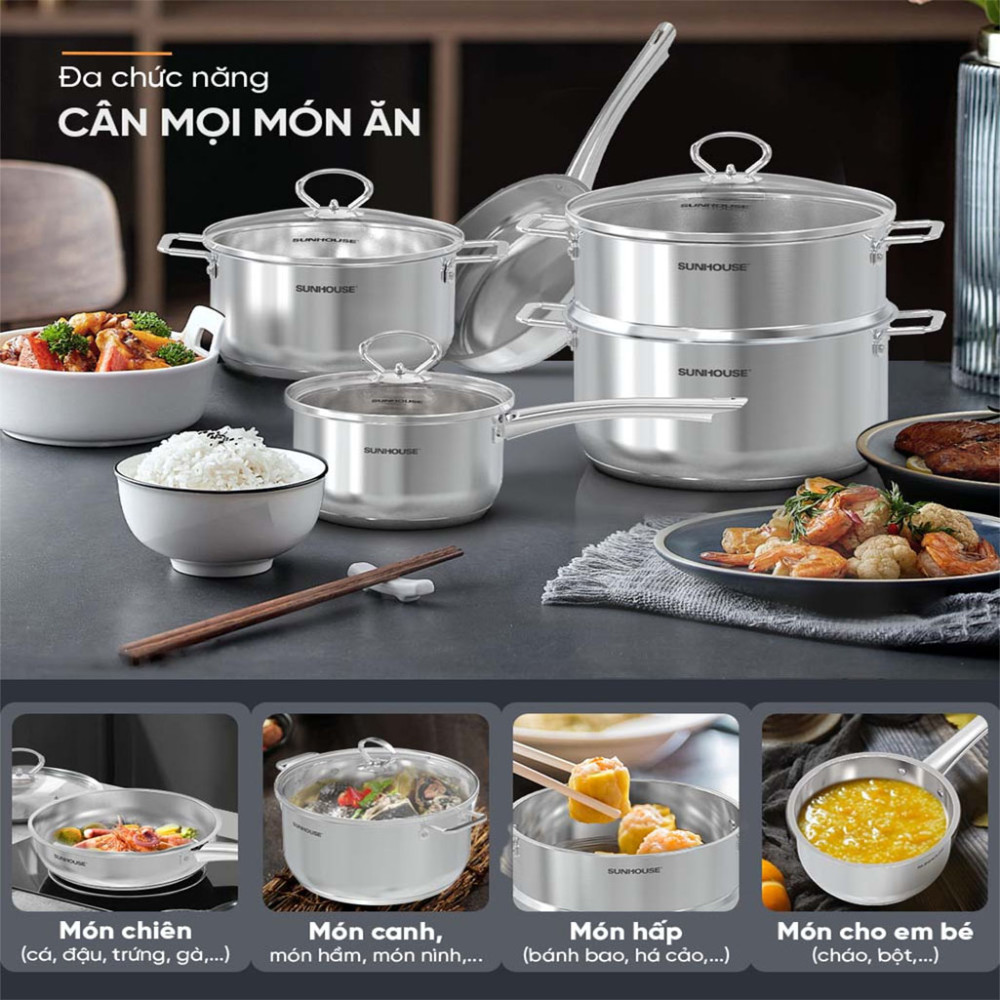 Bộ nồi chảo quánh inox nắp kính Sunhouse SHG991 - Hàng chính hãng