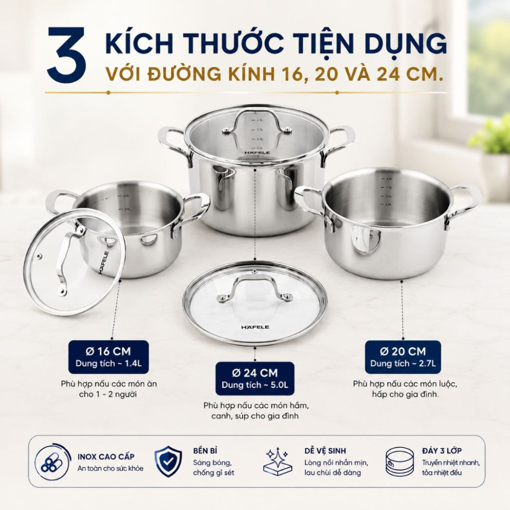 Bộ nồi inox 3 món Hafele HS-CW3WX - Hàng chính hãng