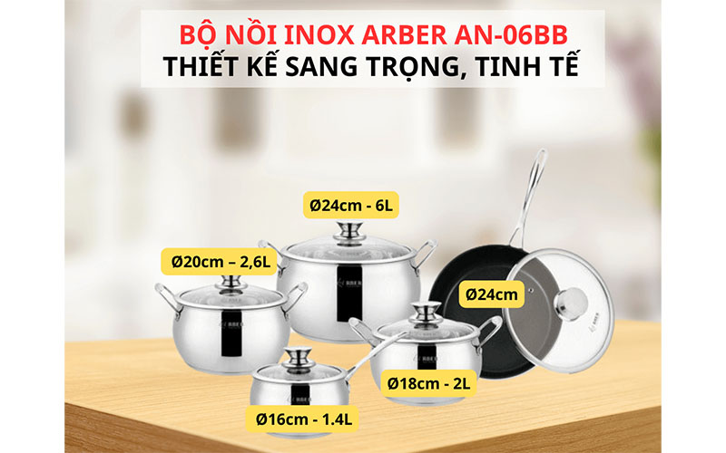 Kích thước và dung tích của Bộ nồi inox 5 món dáng bầu Arber AN-06BB