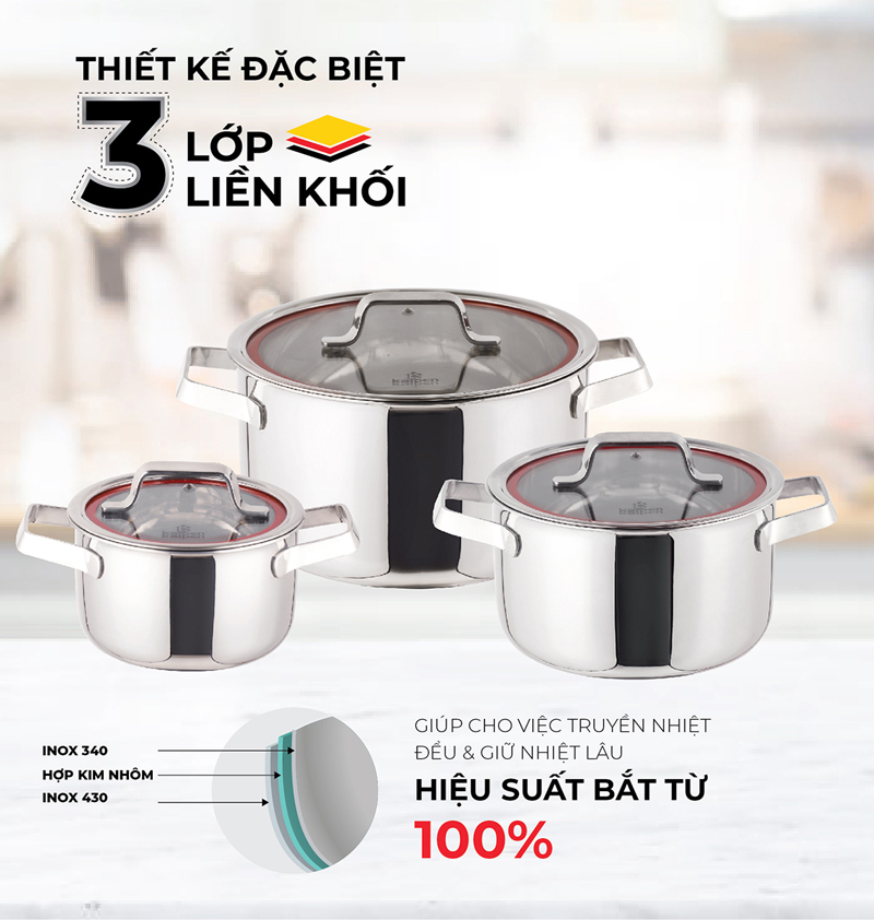 Thiết kế 3 lớp liền khối giúp tản nhiệt tốt, nấu chín đều, giữ nhiệt lâu