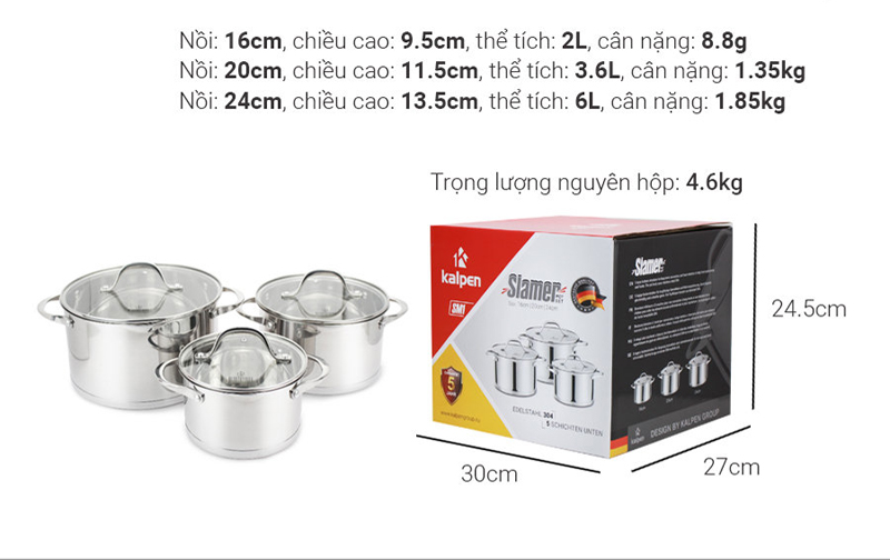 3 nồi với 3 kích thước khác nhau, đáp ứng nhu cầu nấu nướng của gia đình