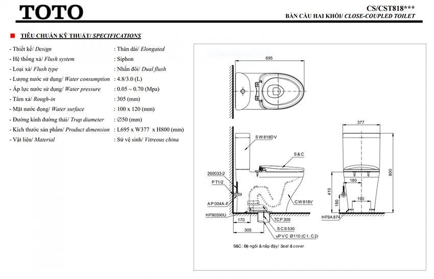 Thiết kế của bồn cầu 2 khối Toto CS818CDW12