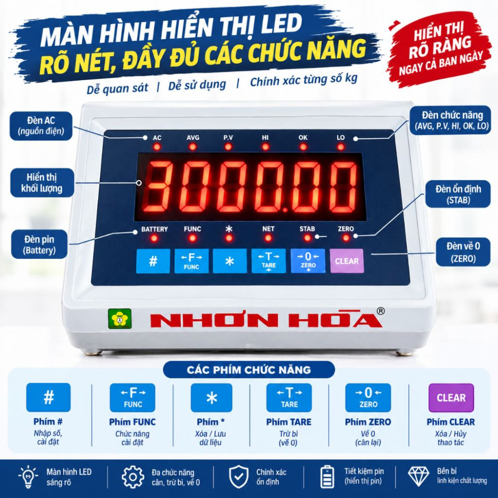 Cân bàn điện tử Nhơn Hòa 3000kg CBĐT-3000 - Hàng chính hãng