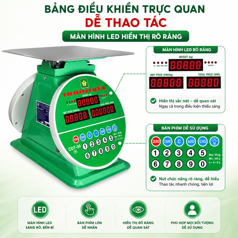 Cân bàn điện tử Nhơn Hòa 30kg CĐT-30 - Hàng chính hãng