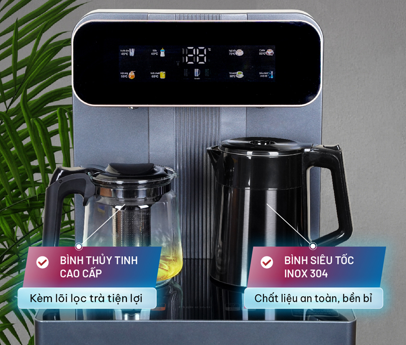Đi kèm cả bình thủy tinh pha trà và ấm siêu tốc đun nước