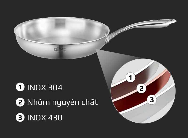 Chảo được cấu tạo 3 lớp: inox 304, lớp giữa là nhôm nguyên chất, lớp ngoài cùng là inox 403 