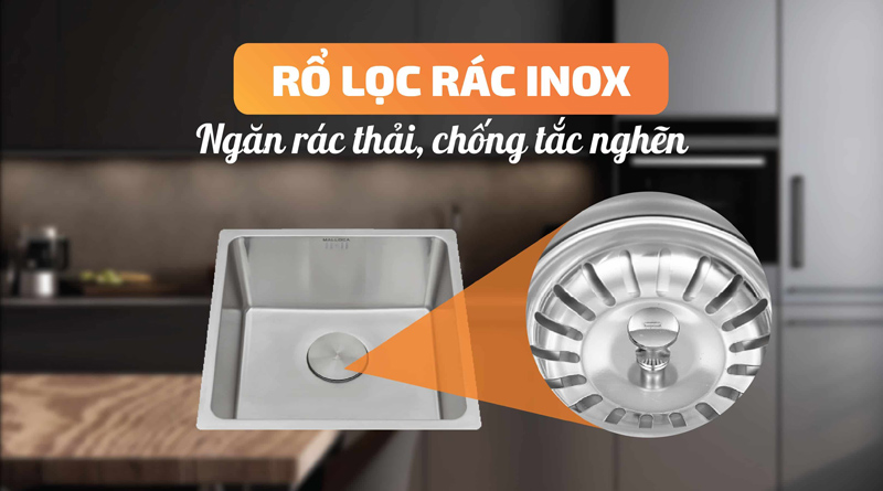 Rổ lọc rác bằng inox dày dặn, giúp tăng khả năng chứa rác, tránh tắc nghẽn