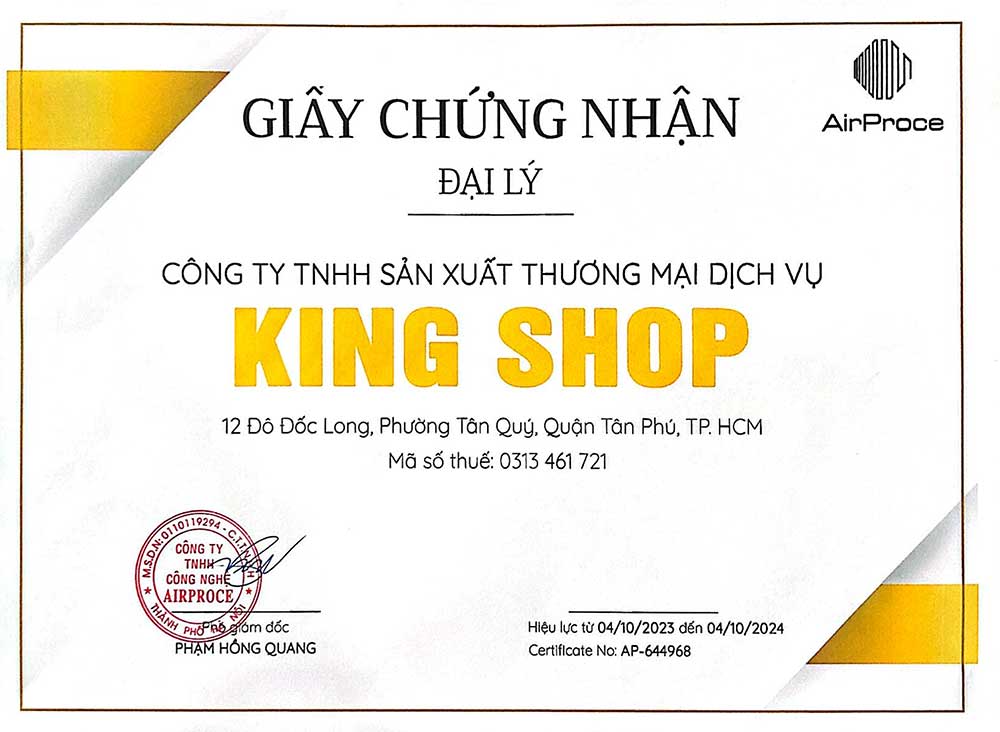 Chứng nhận King Shop là đại lý phân phối AirProce
