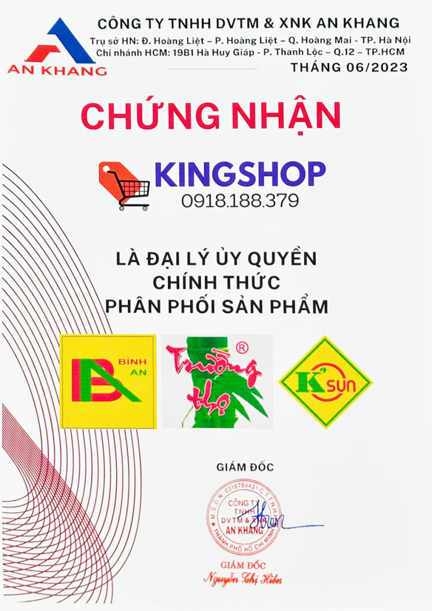 Chứng nhận King Shop là đại lý ủy quyền chính thức phân phối sản phẩm Trường Thọ - Bình An - K'sun