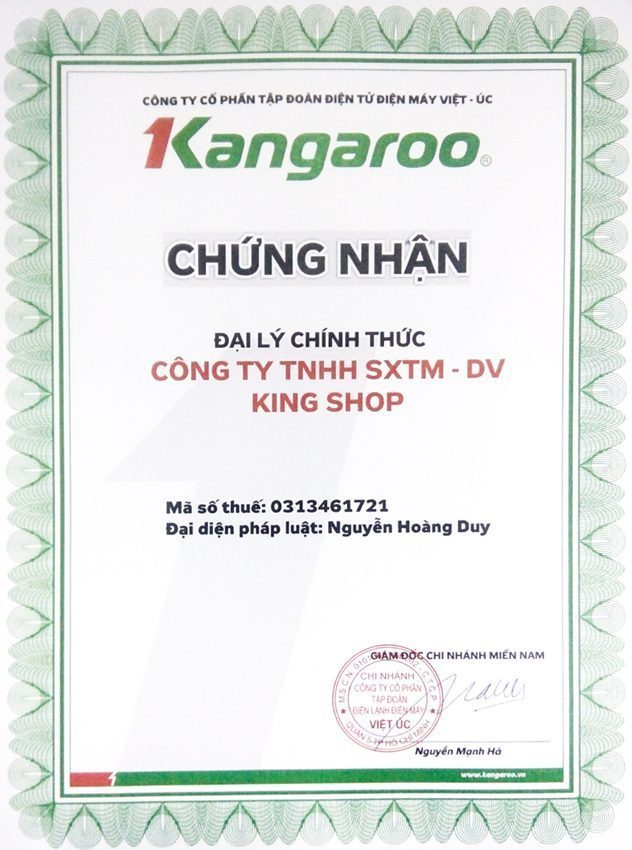 Chứng nhận đại lý phân phối chính thức sản phẩm mang thương hiệu Kangaroo