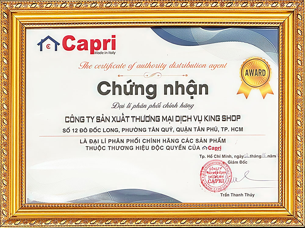 Chứng nhận King Shop là đại lý phân phối sản phẩm Capri
