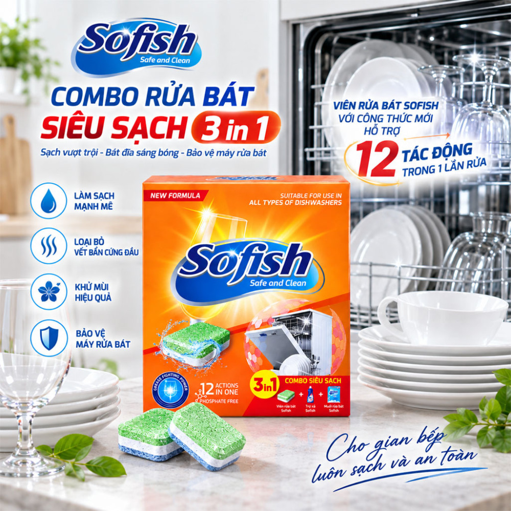 Combo rửa bát siêu sạch Sofish 3 in 1 - Hàng chính hãng