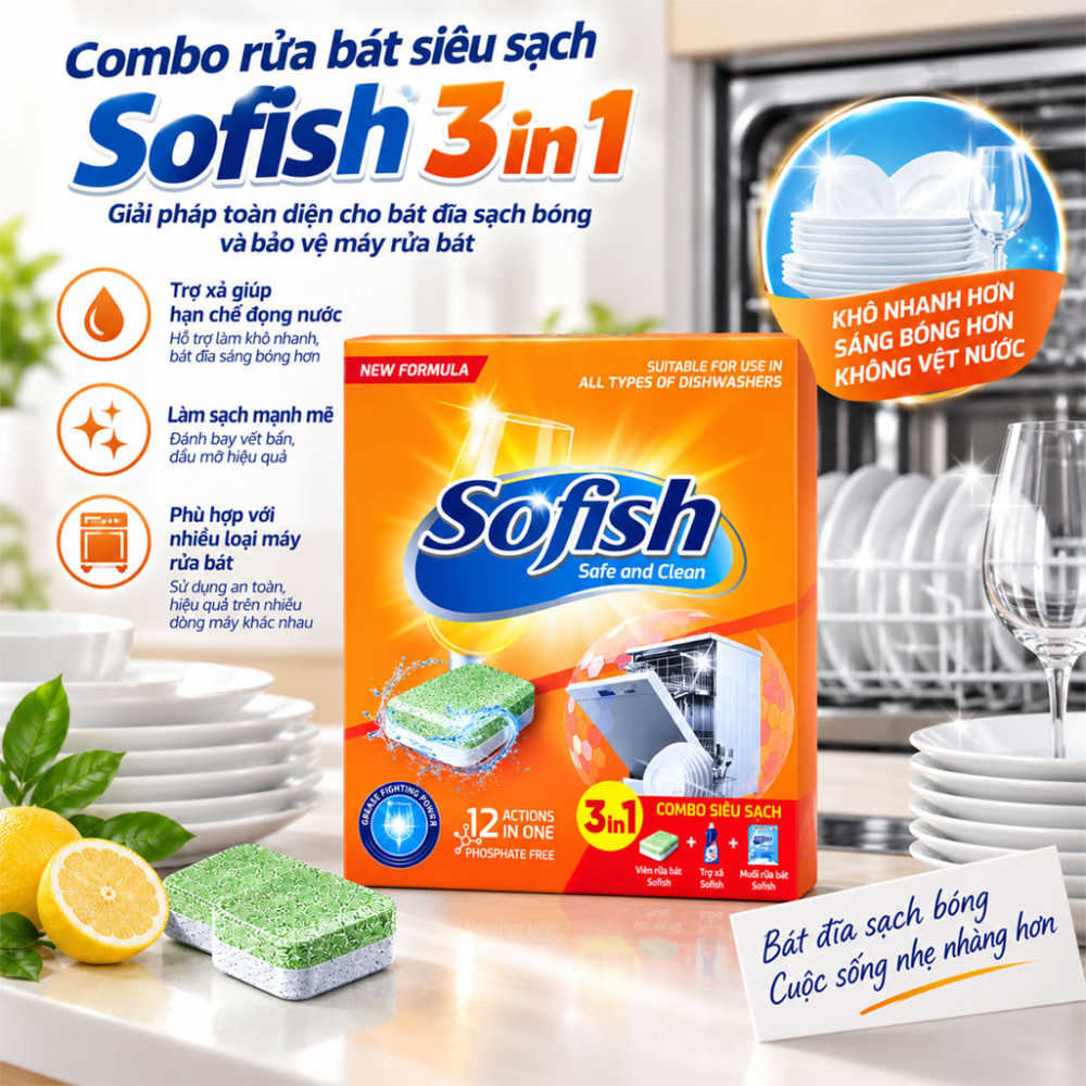 Combo rửa bát siêu sạch Sofish 3 in 1 - Hàng chính hãng