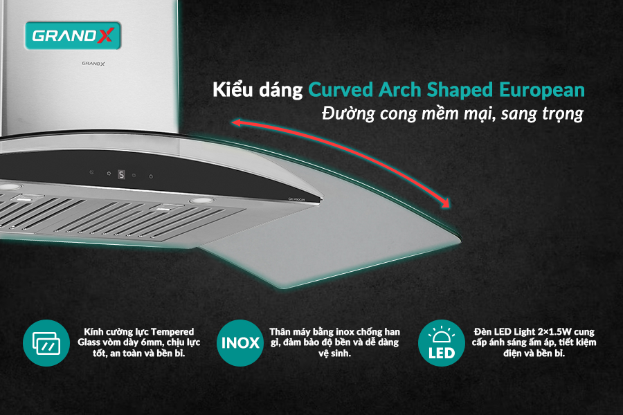 Hút mùi kính cong áp tường ( AC) Grandx GX H90C55 - Hàng chính hãng