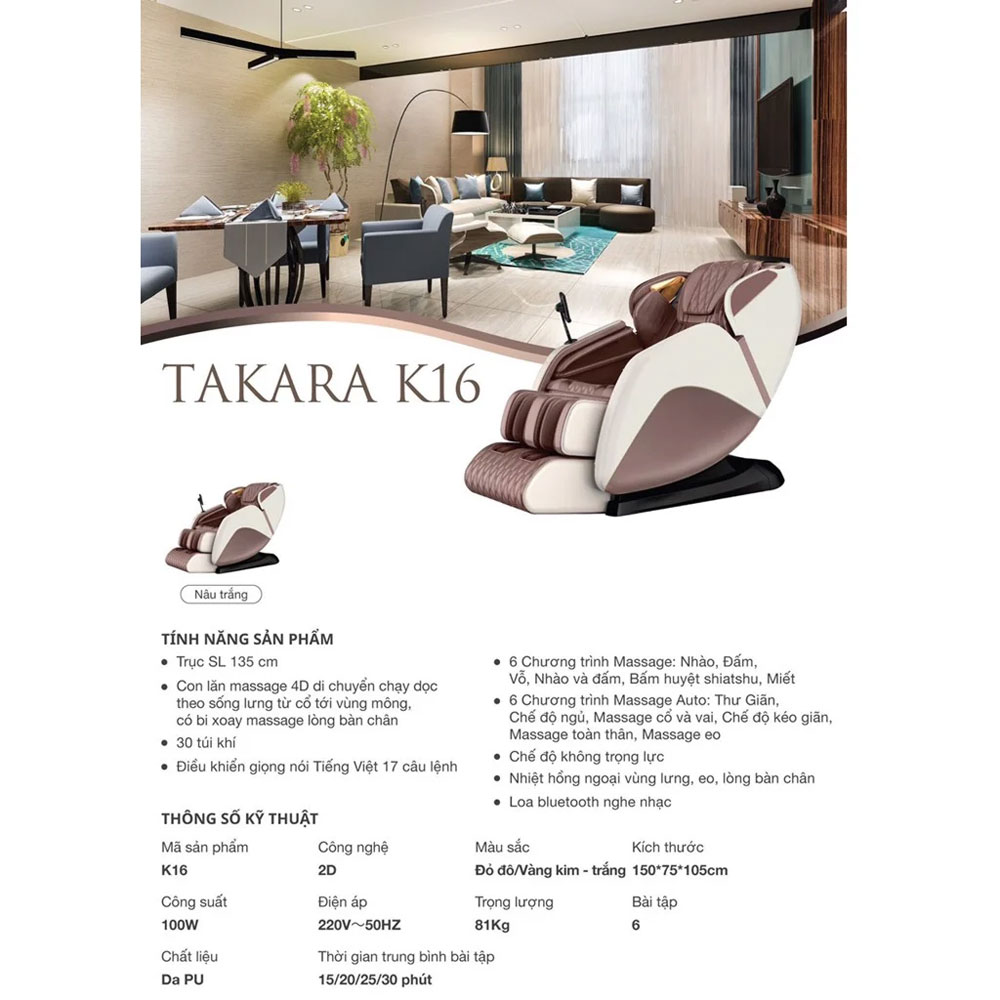 Ghế massage toàn thân Takara K16 - Hàng chính hãng