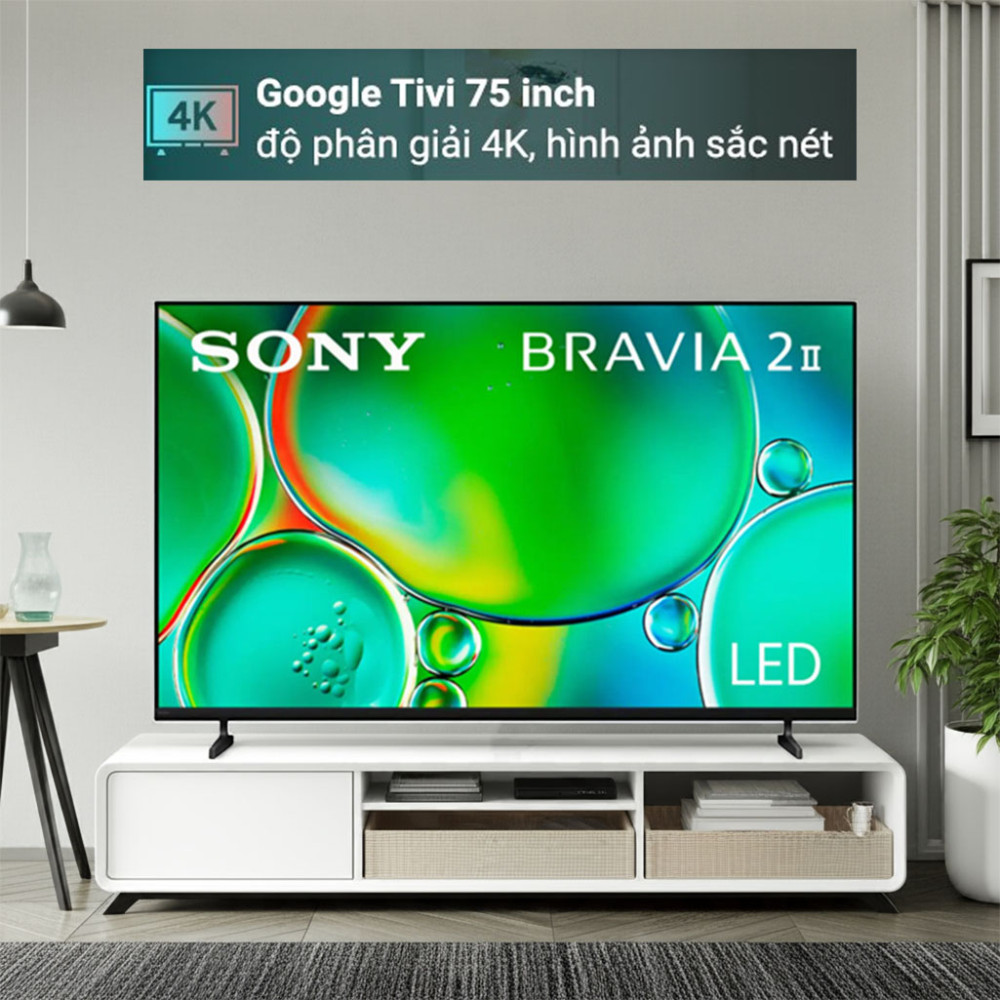 Google Tivi Sony 75 Inch 4K K-75S20M2 có kích thước màn hình lớn 75 inch, độ phân giải 4K sắc nét