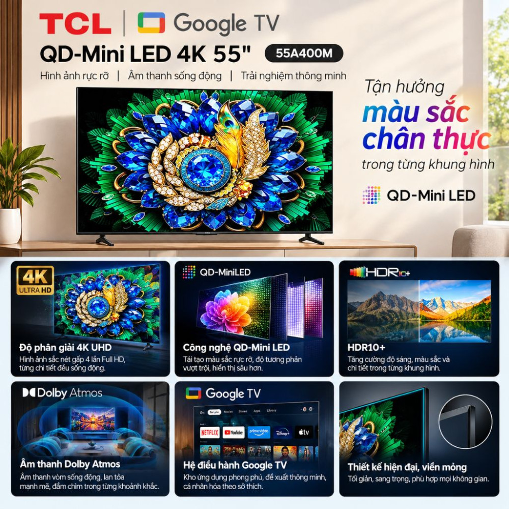 Google tivi QD-Mini LED TCL 4K 55 inch 55A400M - Hàng chính hãng