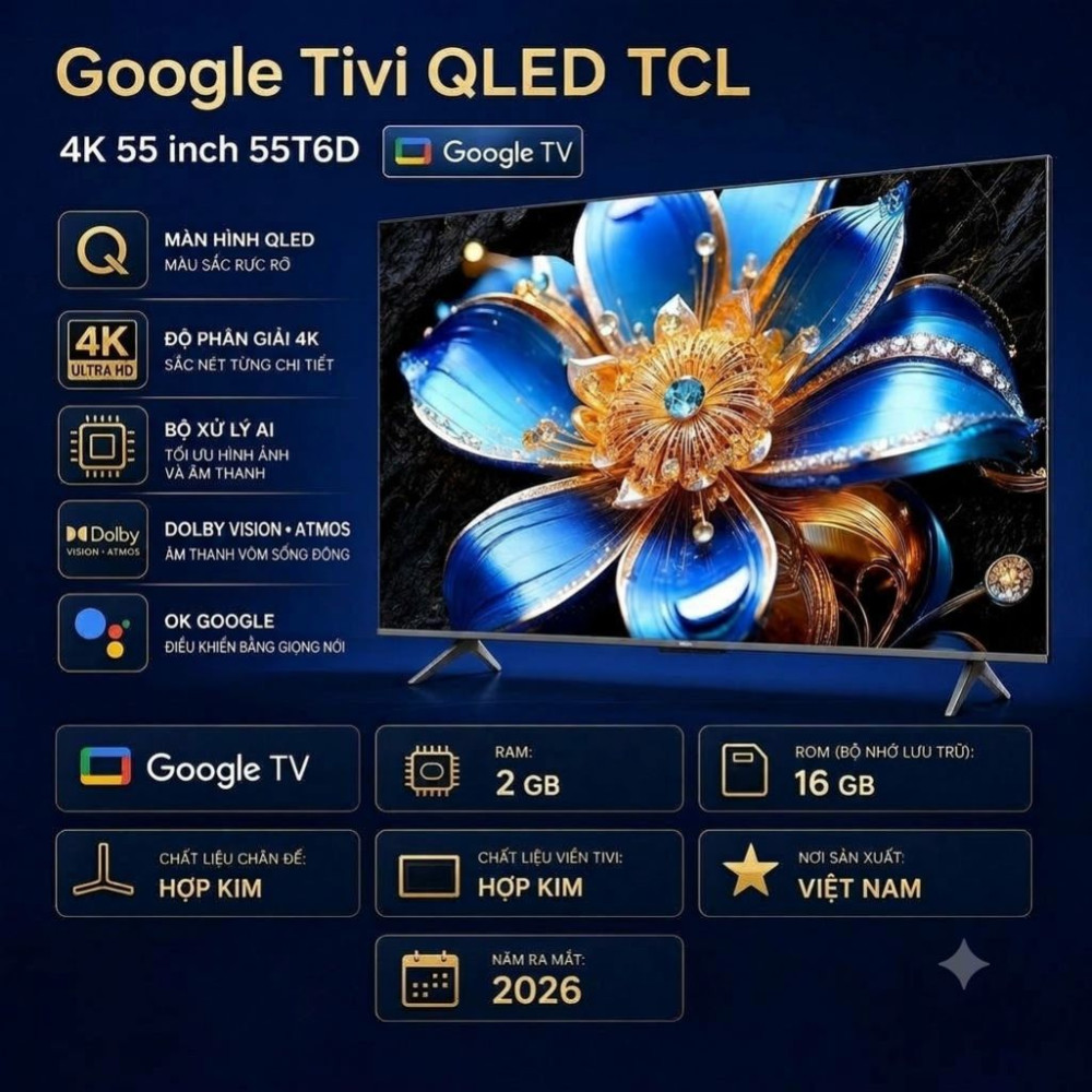 Google tivi QLED TCL 4K 55 inch 55T6D - Hàng chính hãng