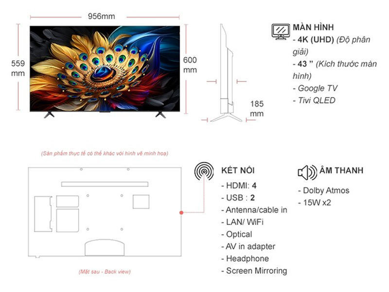 Kích thước của google Tivi QLED TCL 4K 43 inch 43C655