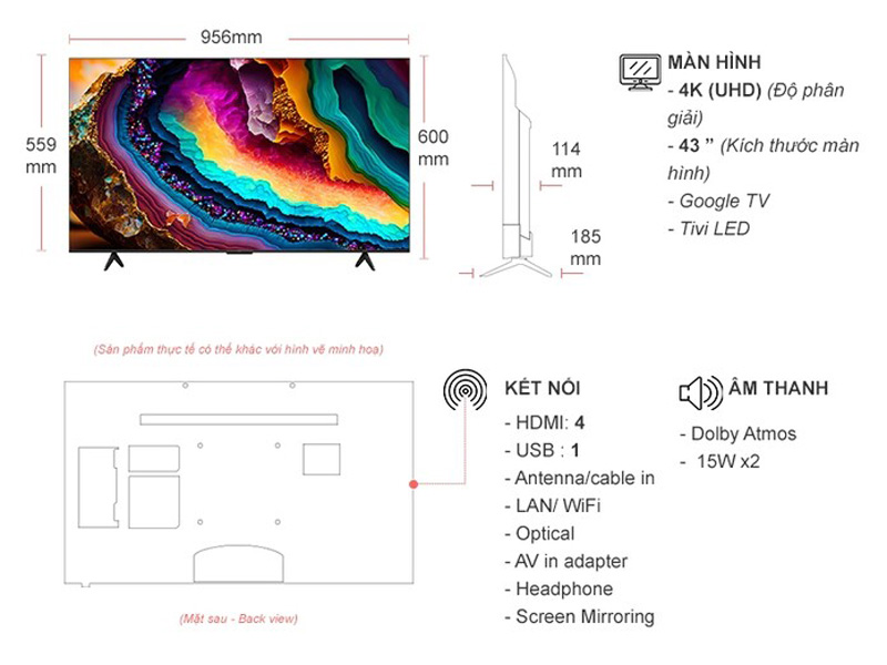 Kích thước của google Tivi LED TCL 4K 43 inch 43P755