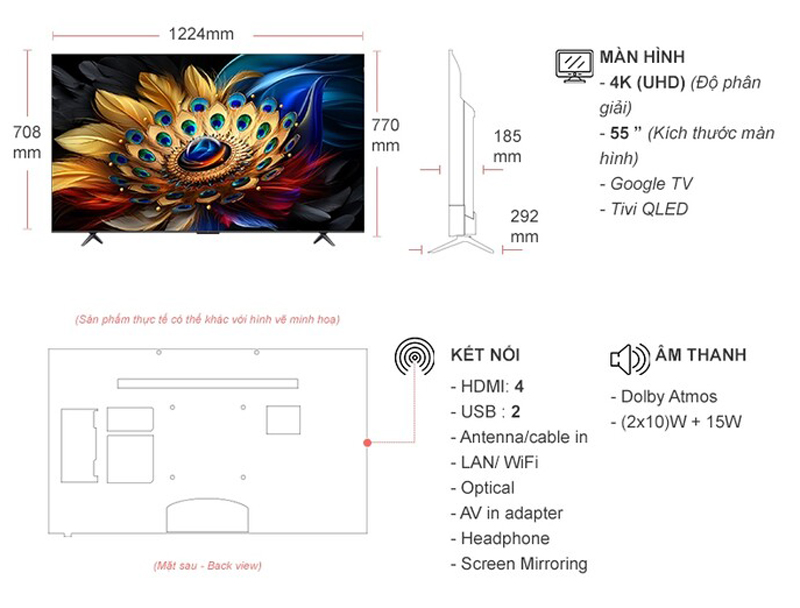 Kích thước của google Tivi QLED TCL 4K 55 inch 55C655