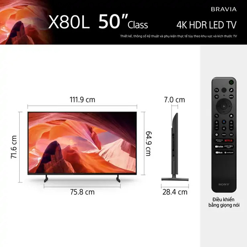 Kích thước của tivi Sony 50 inch KD-50X80L