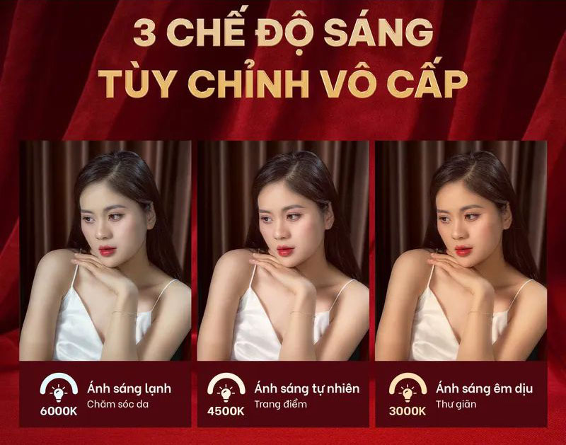 Điều chỉnh 3 chế độ ánh sáng bằng nút nhấn trên gương