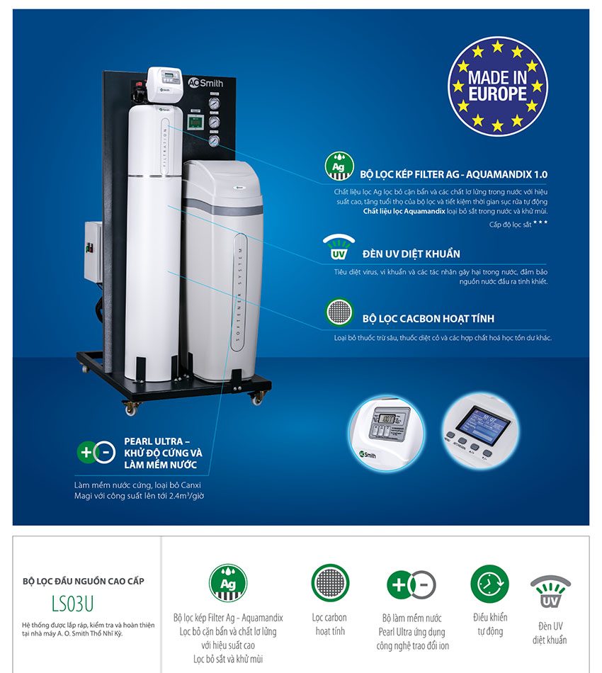 Hệ thống lọc nước đầu nguồn cao cấp A.O.Smith LS03U với công nghệ xử lí nước thông minh