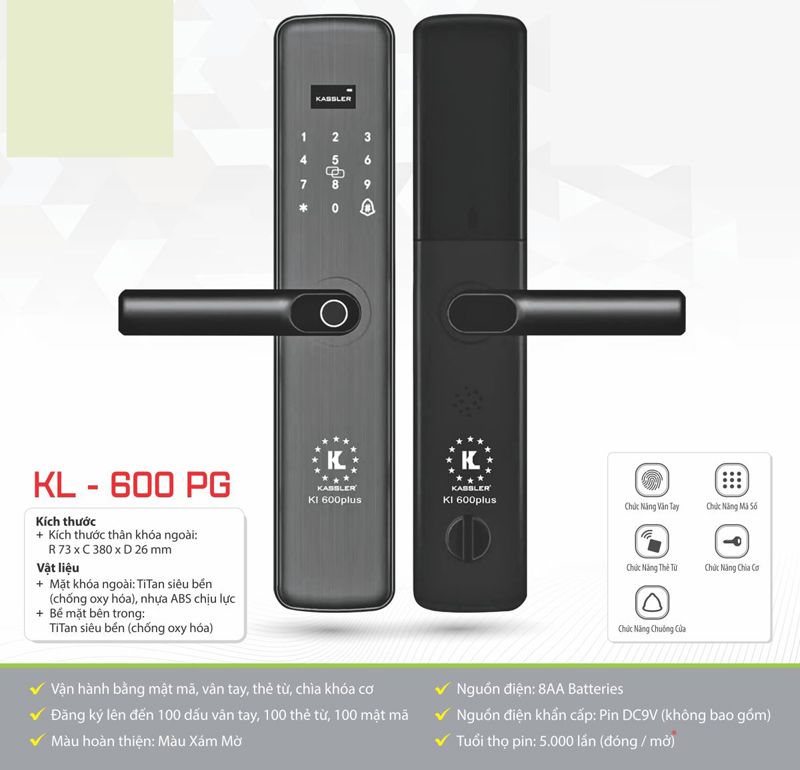 Thông số kỹ thuật của khóa cửa điện tử Kassler KL-600 PG 