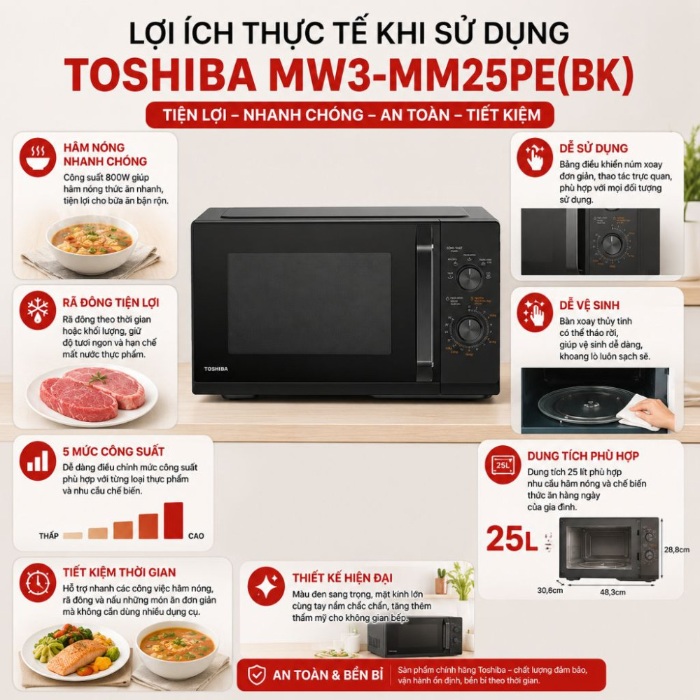 Lò vi sóng cơ Toshiba MW3-MM25PE(BK) 25 lít - Hàng chính hãng