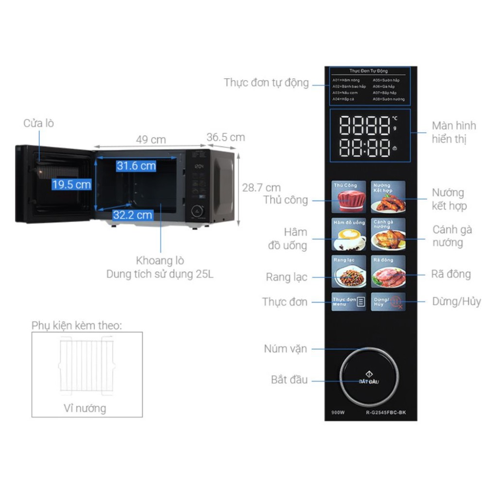 Lò vi sóng có nướng Sharp R-G2545FBC-BK 25 lít - Hàng chính hãng