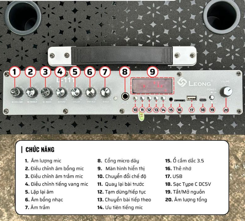 Bảng điều khiển của loa xach tay Leong L-111