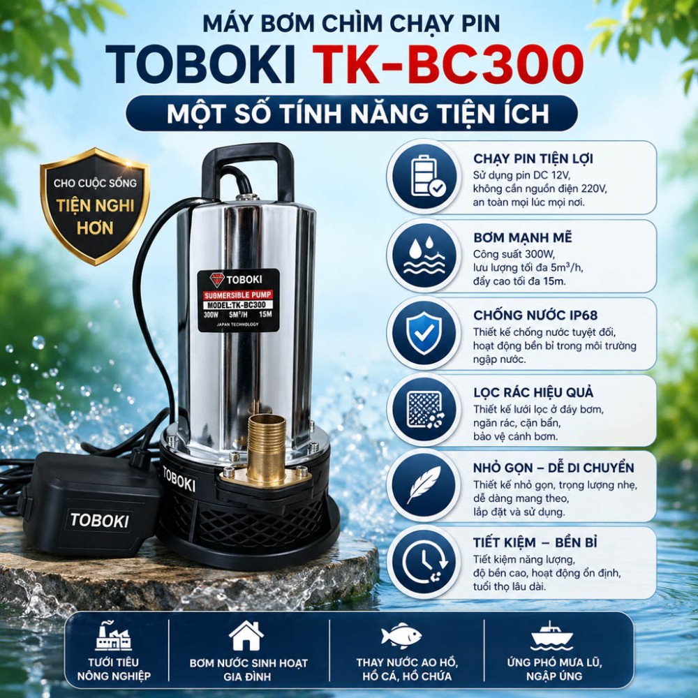 Máy bơm chìm chạy pin Toboki TK-BC300 - Hàng chính hãng