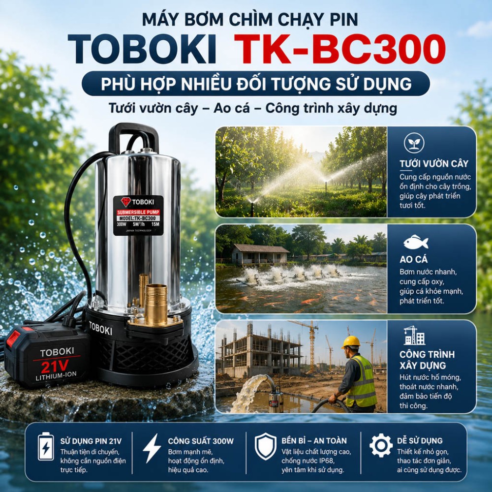Máy bơm chìm chạy pin Toboki TK-BC300 - Hàng chính hãng
