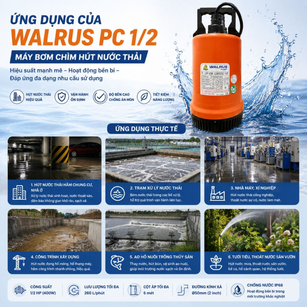 Máy bơm chìm hút nước thải Walrus PC 1/2 - Hàng chính hãng