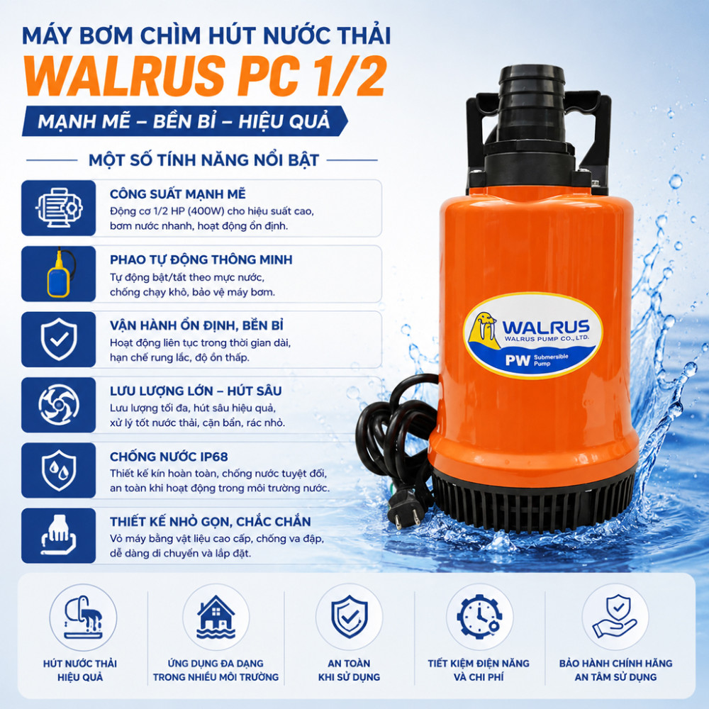Máy bơm chìm hút nước thải Walrus PC 1/2 - Hàng chính hãng