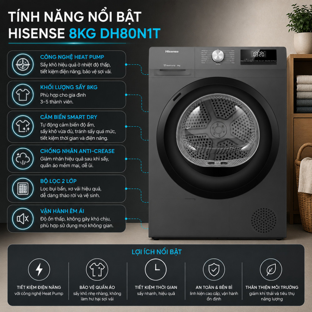 Máy sấy bơm nhiệt Hisense 8 kg DH80N1T - Hàng chính hãng