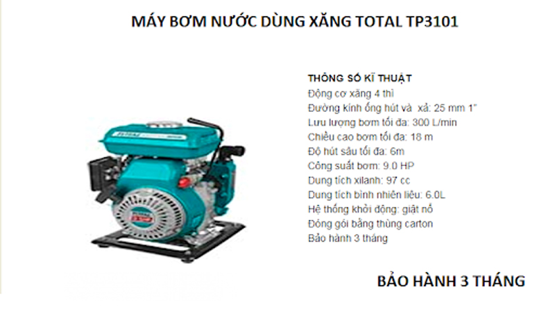 Thông số kỹ thuật của máy bơm nước dùng xăng hiệu Total TP3101 