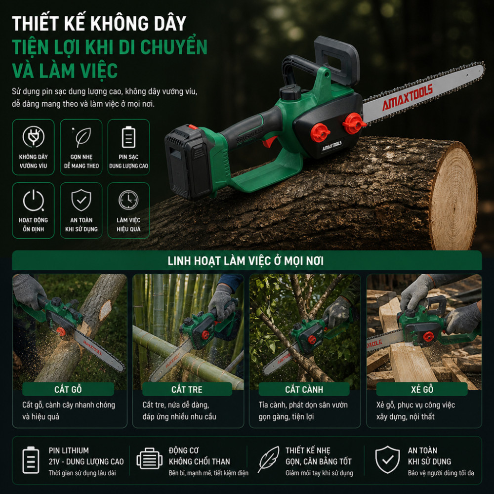 Máy cưa xích pin Amaxtools ACX31SM - Hàng chính hãng