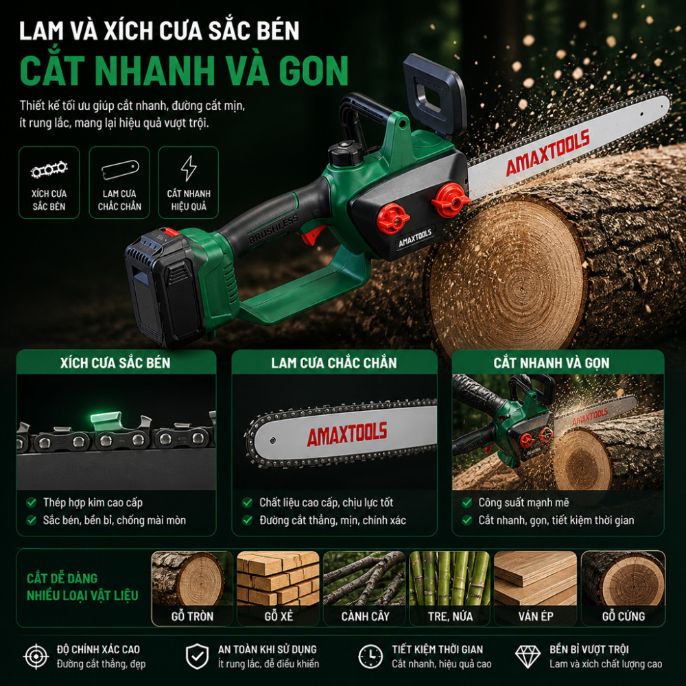 Máy cưa xích pin Amaxtools ACX31SM - Hàng chính hãng