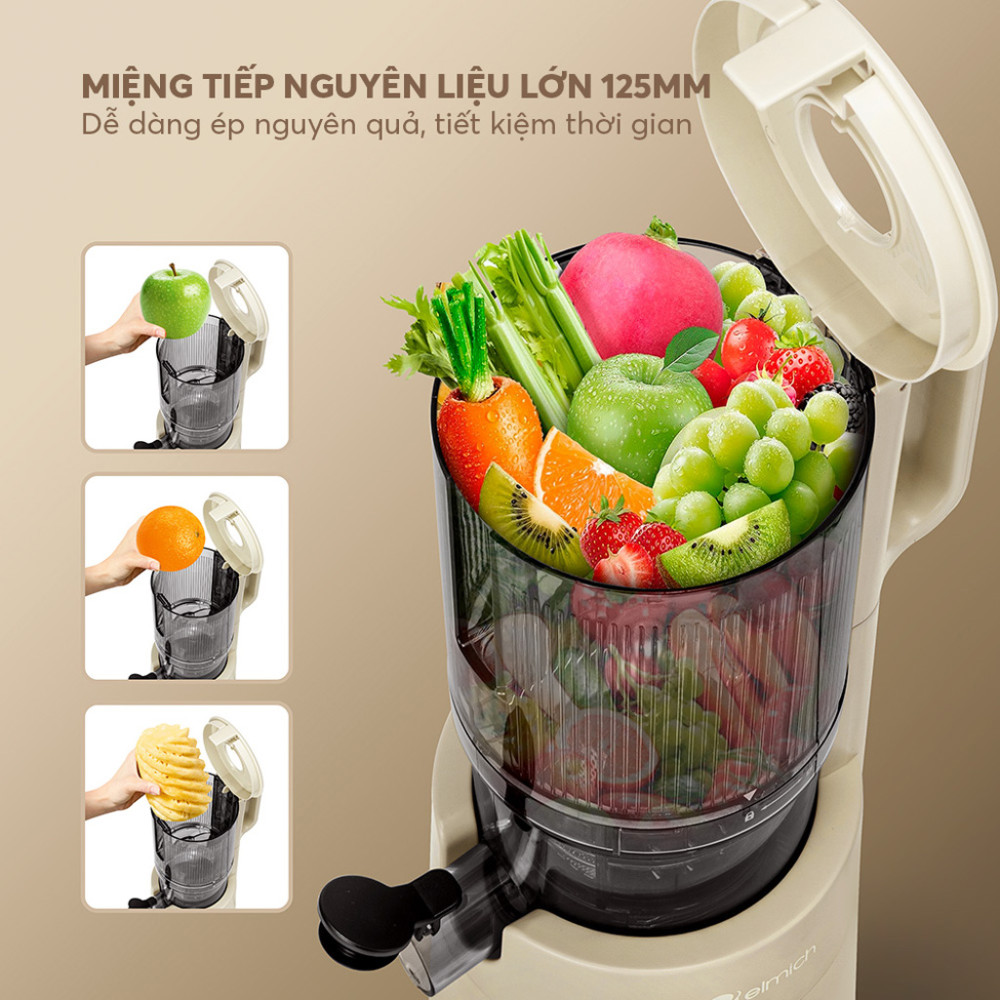 Ống tiêp nguyên liệu lớn nên có thể ép được trái cây nguyên quả mà không mất thới gian sơ chế.
