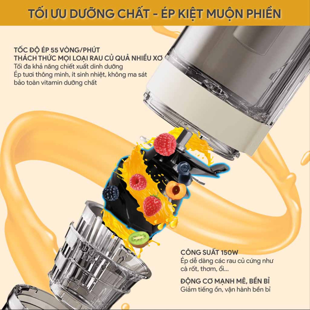Công suất mạnh mẽ giúp ép kiệt bã tới 98% thu lượng nước ép nhiều