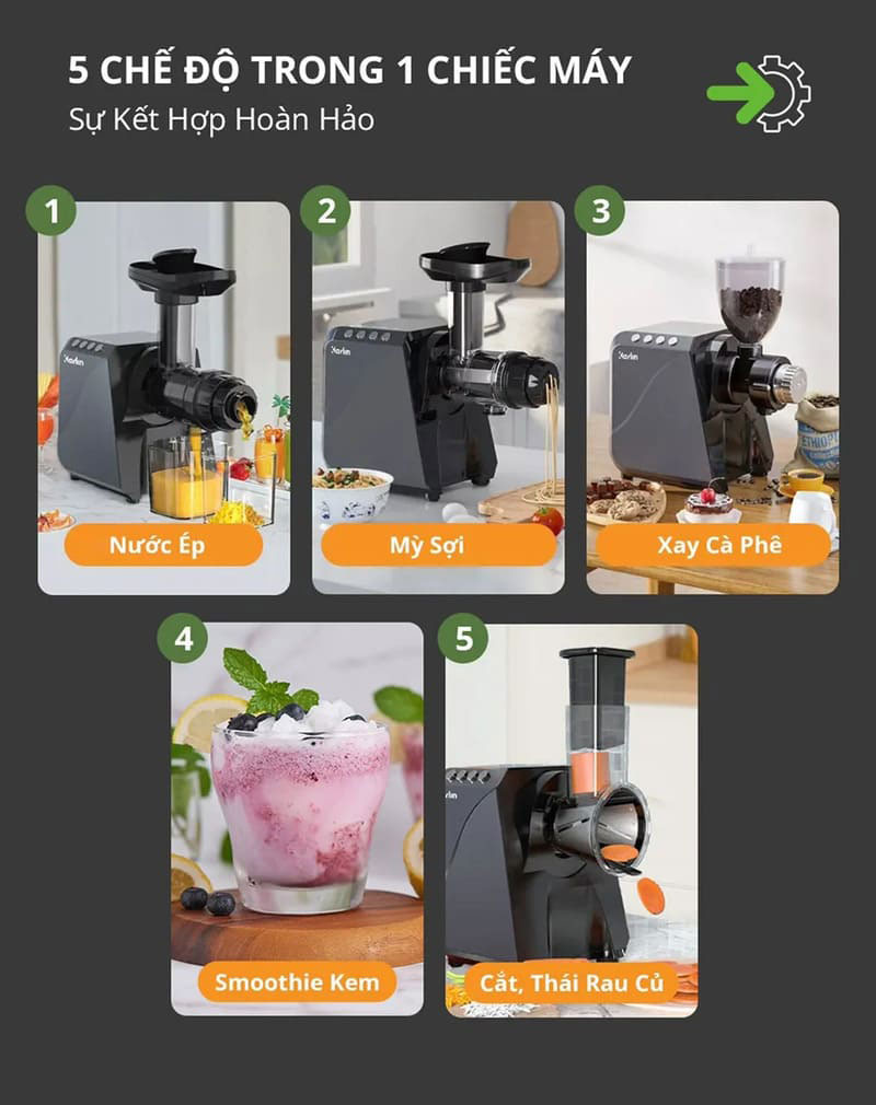 Chiếc máy đa năng 5 trong 1: ép trái cây, làm kem, sinh tố, xay cà phê, cắt thái rau củ