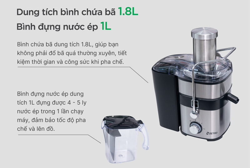 Dung tích lớn nên chứa được nhiều nước ép cùng lúc