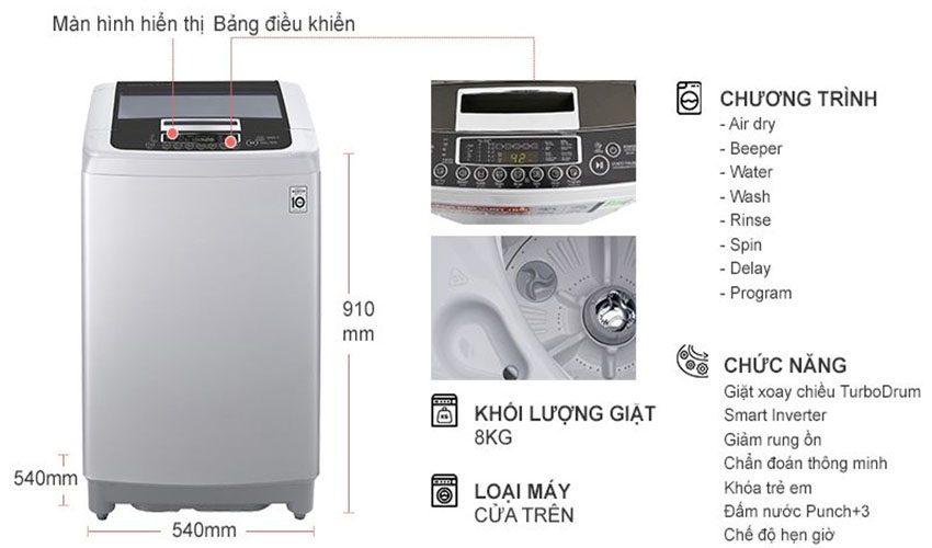 Máy giặt 8 kg Inverter LG T2108VSPM 